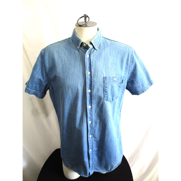 EUC! Frank and Oak Blue Denim Chambray Short Sleeve Button Up Shirt Men L - Picture 1 of 9